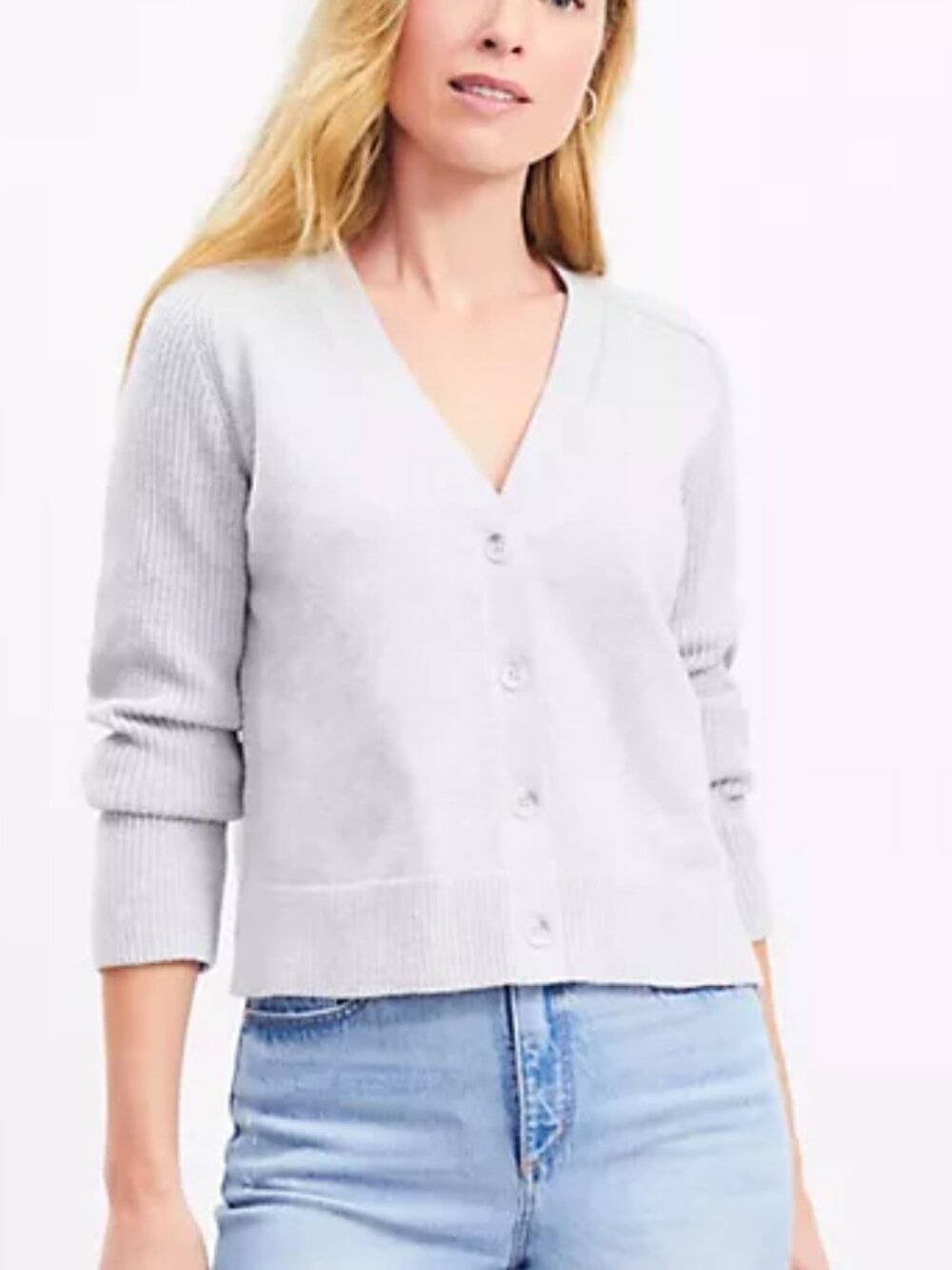 Loft - Medium, Ribbed Saddle Sleeve V-neck Cardigan, Silver Heather Grey